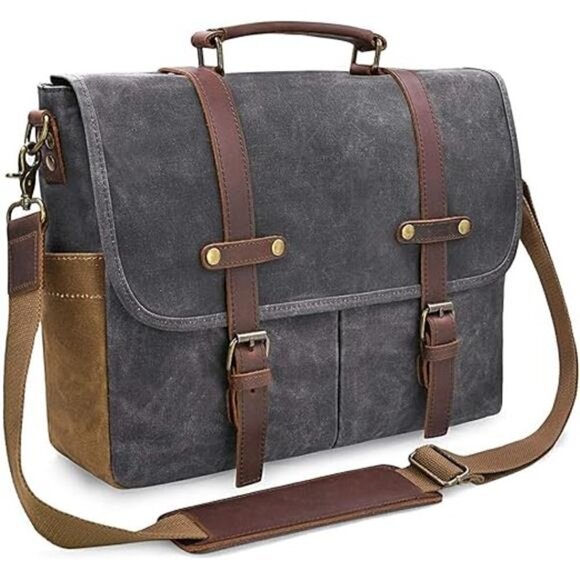 Messenger Bag Waterproof Vintage Genuine Leather Canvas Briefcase Laptop GRAY - Picture 1 of 7